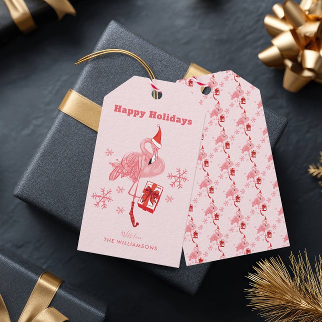 Étiquettes-cadeau Flamant rose rose Fête des oiseaux de plage tropic (Pink Flamingo Tropical Beach Bird Christmas Gift Tags)