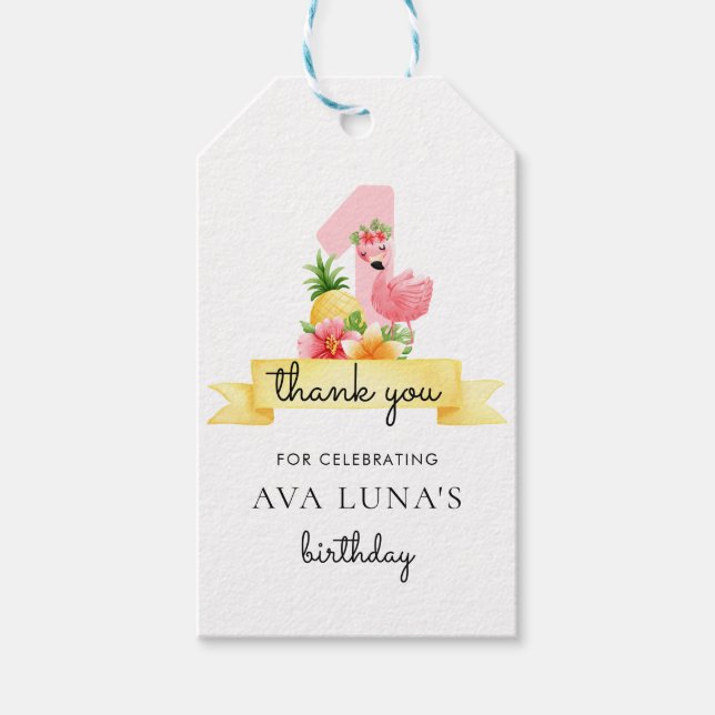 Étiquettes-cadeau Flamant rose rose fille 1er anniversaire Merci (Devant)