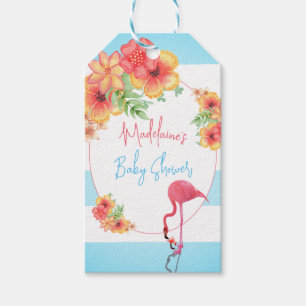 Étiquettes-cadeau Flamant rose tropical Baby shower à bande bleue