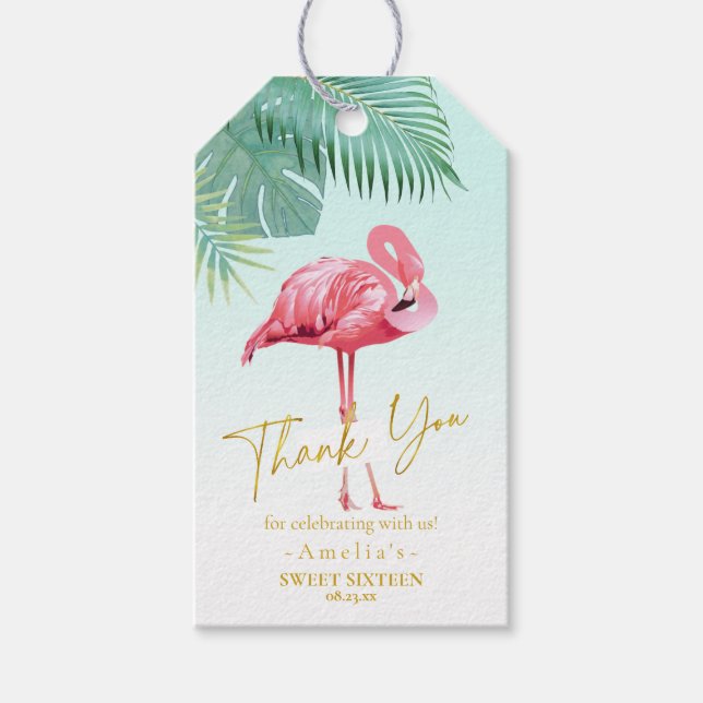 Étiquettes-cadeau Flamant rose tropical Palms Sweet 16 Merci ID922 (Devant)