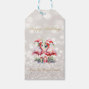 Étiquettes-cadeau Flamants roses chapeau de Père Noël cadeaux paille