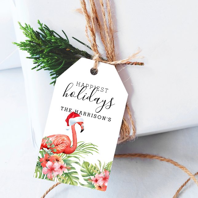 Étiquettes-cadeau Flamingo de Noël Floral Personnalisé (Holiday Flamingo Floral Christmas Personalized Gift Tags)