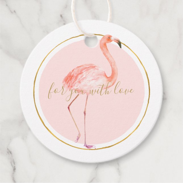 Étiquettes Cadeau Flamingo rose avec or et cadre personnalisé (Devant)
