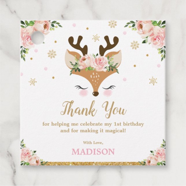 Étiquettes Cadeau Flammes de neige florales de rennes Merci d'annive (Devant)