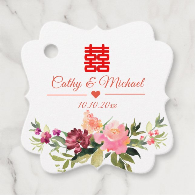 Étiquettes Cadeau Fleur aquarelle double bonheur mariage chinois (Devant)
