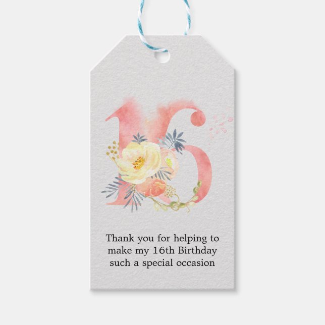 Étiquettes-cadeau Fleur d'aquarelle rose pâle Numéro 16 Merci (Devant)