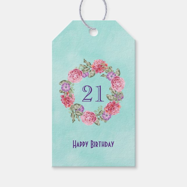 Étiquettes-cadeau Fleur d'aquarelle Wreath avec Joyeux anniversaire  (Devant)