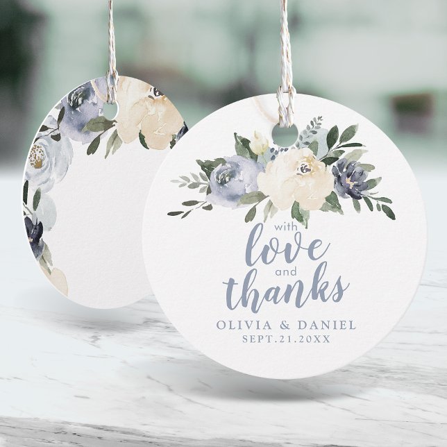 Étiquettes Cadeau Fleur de botanique poussiéreuse bleu avec amour et (Blooming botanical dusty blue with love and thanks favor tags)