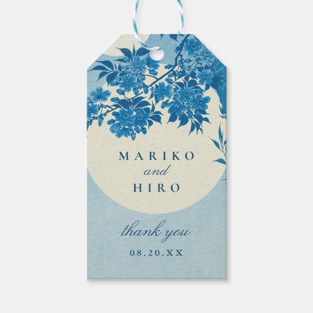 Étiquettes-cadeau Fleur de cerisier bleu japonais antique (Devant)