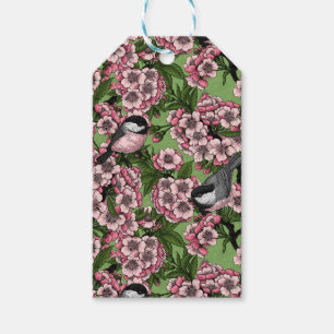 Étiquettes-cadeau Fleur de cerisiers et poulets verts