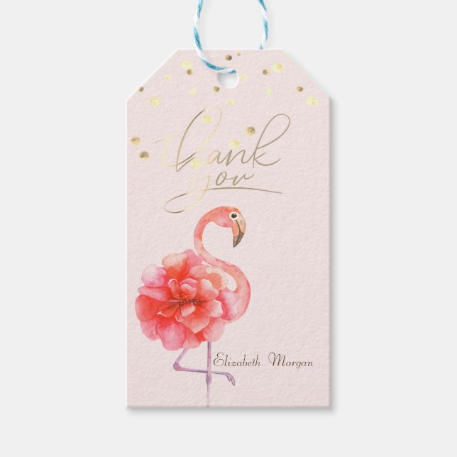 Étiquettes-cadeau Fleur de flamant rose, confettis dorés  (Devant)