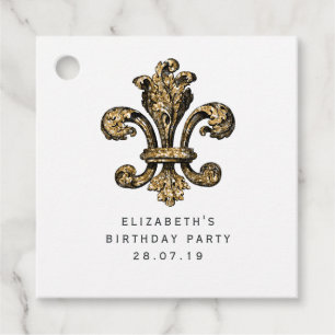 Étiquettes Cadeau Fleur de Lis damassé noir et or vintage