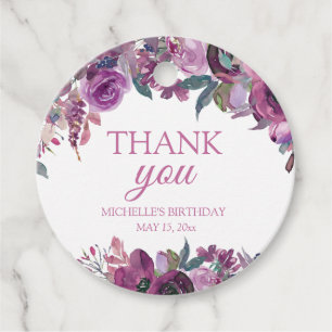 Étiquettes Cadeau Fleur de naissance à l'aquarelle violette Merci 