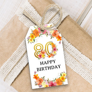 Étiquettes-cadeau Fleur d'or pour 80e anniversaire, numéro 80, à et