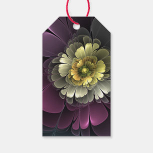 Étiquettes-cadeau Fleur fractale grise khaki pourpre moderne abstrai