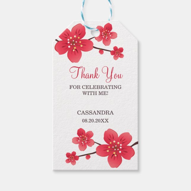 Étiquettes-cadeau Fleur moderne rouge cerise fleurs Sakura Merci (Devant)