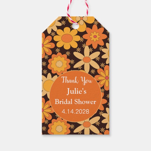 Étiquettes-cadeau Fleur Retro Groovy Orange jaune Merci (Devant)