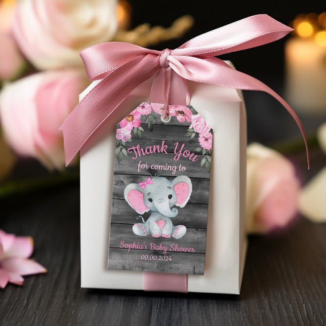 Étiquettes Cadeau Fleur Rose Douche Éléphant Fille (Floral Pink Girl Elephant Thank You Favor Tags)