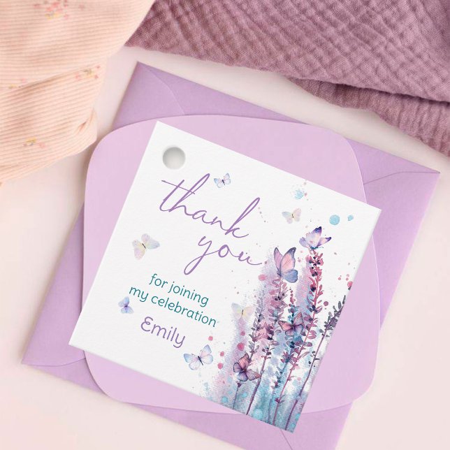 Étiquettes Cadeau Fleur rose violet papillon anniversaire merci (Créateur téléchargé)