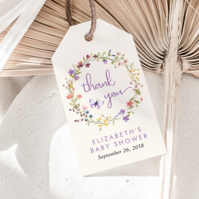 Étiquettes-cadeau Fleur sauvage Aquarelle bébé fille douche Merci (Créateur téléchargé)