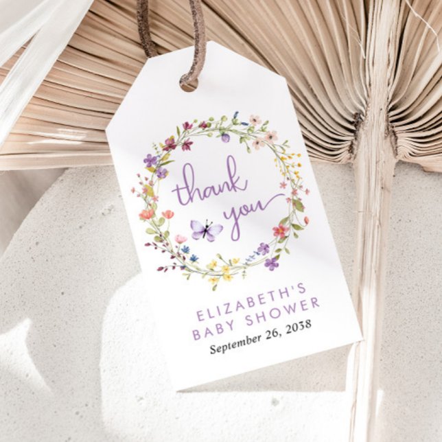 Étiquettes-cadeau Fleur sauvage Aquarelle bébé fille douche Merci (Créateur téléchargé)