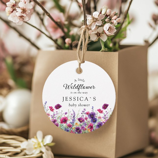 Étiquettes Cadeau Fleur sauvage, Baby shower à fleurs violettes (Wildflower, Purple-Pink-Flower Baby Shower Favor Tags with your Name & Date. For Baby Girl & Boy.)