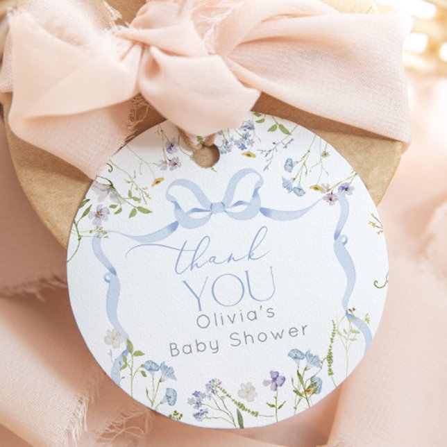Étiquettes Cadeau Fleur sauvage Blue Bow Baby shower merci (Créateur téléchargé)
