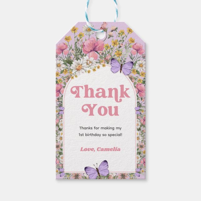 Étiquettes-cadeau Fleur sauvage papillon Anniversaire Merci (Devant)
