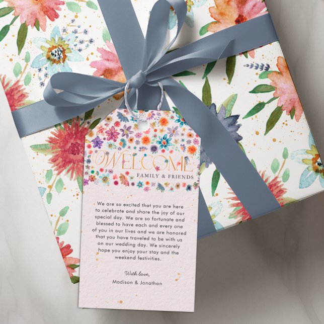 Étiquettes-cadeau Fleur sauvage rose Whimsical Gold Mariage Bienvenu (Créateur téléchargé)