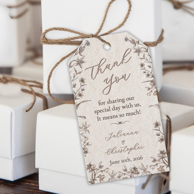 Étiquettes-cadeau Fleur sauvage rustique élégant Mariage de script (Créateur téléchargé)