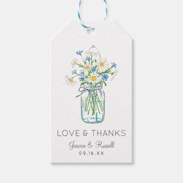 Étiquettes-cadeau Fleur sauvage rustique Mason Jar Amour et Merci (Devant)