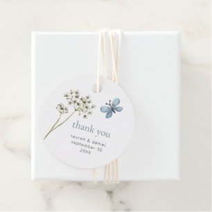 Étiquettes Cadeau Fleur sauvage simple papillon Merci Mariage bleu