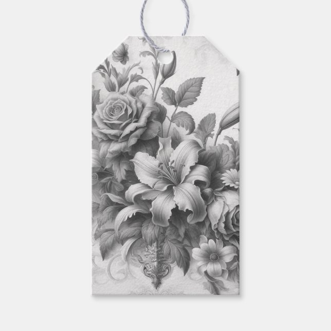 Étiquettes-cadeau Fleurs Antiques Noir & Blanc Parfaites (Devant)