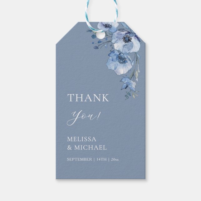 Étiquettes-cadeau Fleurs aquarelles bleues mariage remerciement carr (Devant)