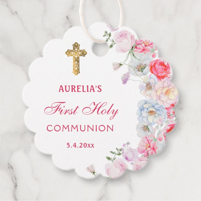 Étiquettes Cadeau Fleurs aquarelles Première communion (Devant)