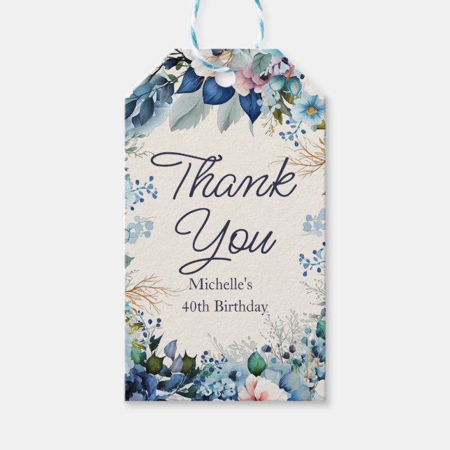 Étiquettes-cadeau Fleurs blanches bleues pour femmes remerciement d' (Devant)