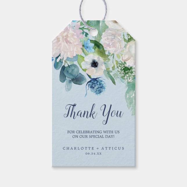 Étiquettes-cadeau Fleurs blanches classiques | Merci bleu clair Favo (Devant)