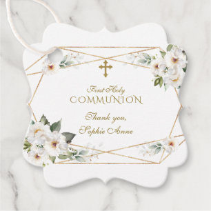 Étiquettes Cadeau Fleurs blanches de luxe Croix d'or Sainte Communio