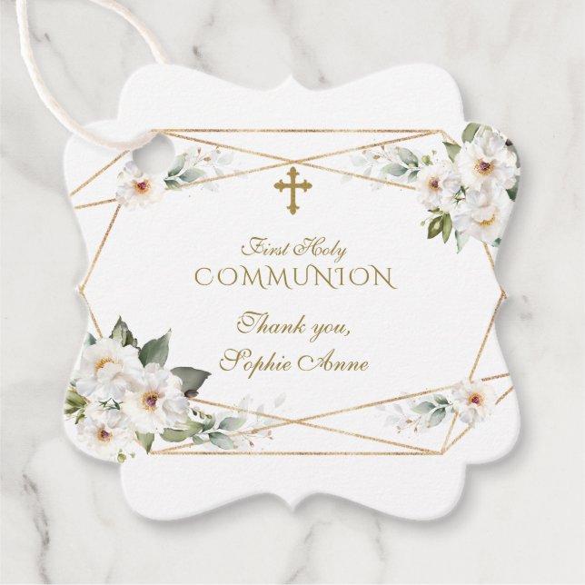Étiquettes Cadeau Fleurs blanches de luxe Croix d'or Sainte Communio (Devant)