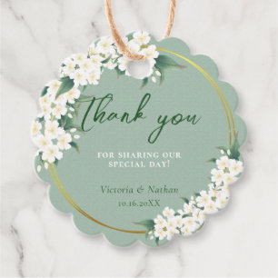 Étiquettes Cadeau Fleurs blanches Motif de nuage vert sauge Cercle d