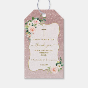Étiquettes-cadeau Fleurs blanches roses Confirmation fille or