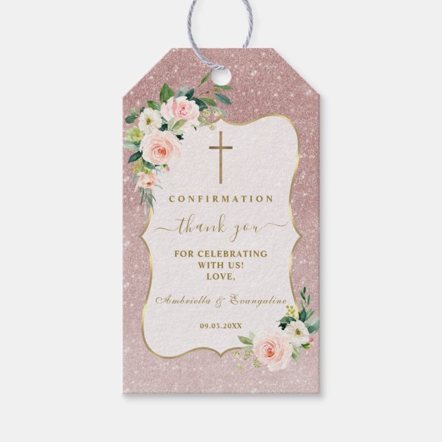 Étiquettes-cadeau Fleurs blanches roses Confirmation fille or (Devant)