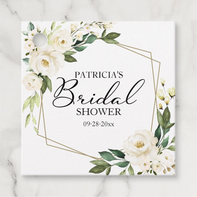 Étiquettes Cadeau Fleurs blanches vertes Fête des mariées géométriqu (Devant)