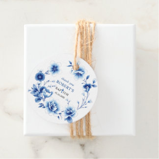 Étiquettes Cadeau Fleurs bleues Chinoiserie garçon Baptême Merci