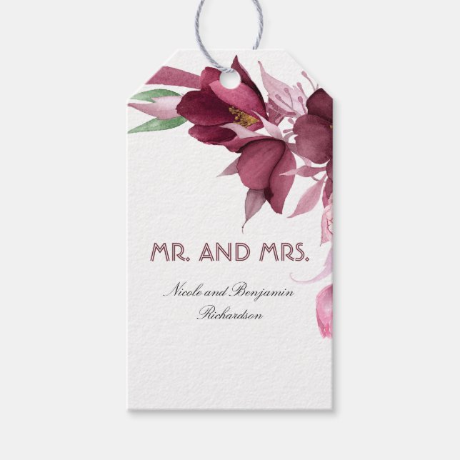 Étiquettes-cadeau Fleurs Bourgogne Aquarelle Mariage élégant (Devant)