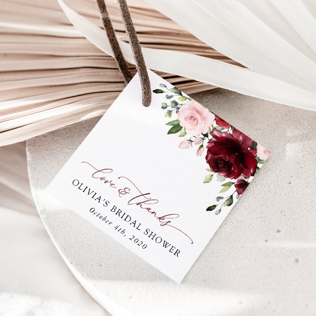 Étiquettes Cadeau Fleurs Bourgogne, Fleurs Roses, Fête des mariées (Créateur téléchargé)