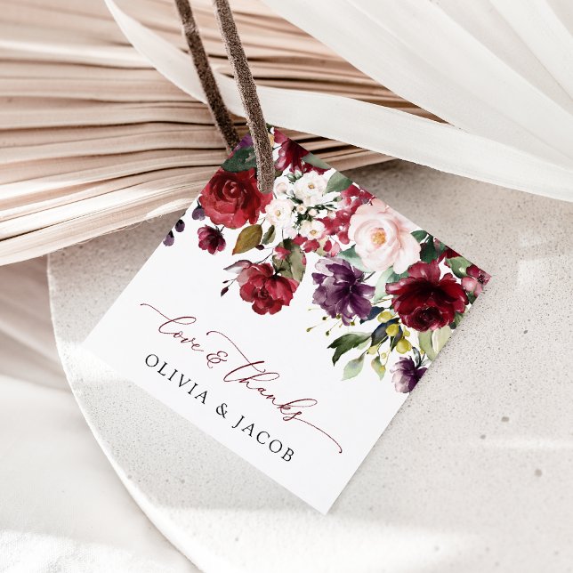 Étiquettes Cadeau Fleurs Bourgogne, Fleurs roses, Verdure, Mariage (Créateur téléchargé)