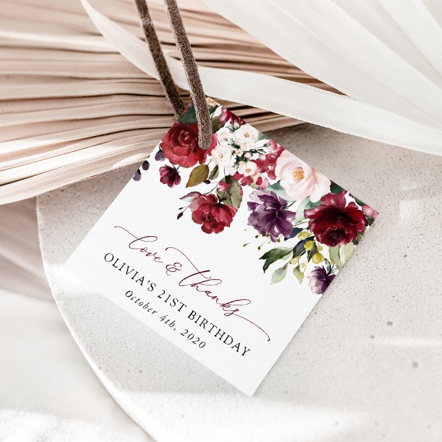 Étiquettes Cadeau Fleurs Bourgognes, Fleurs Roses, Boho, Anniversair (Créateur téléchargé)