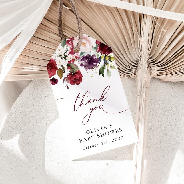 Étiquettes-cadeau Fleurs Bourgognes, Fleurs Roses, Boho, Baby shower (Créateur téléchargé)