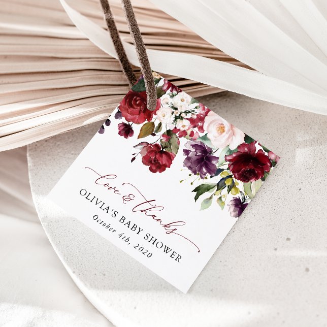 Étiquettes Cadeau Fleurs Bourgognes, Fleurs Roses, Boho, Baby shower (Créateur téléchargé)